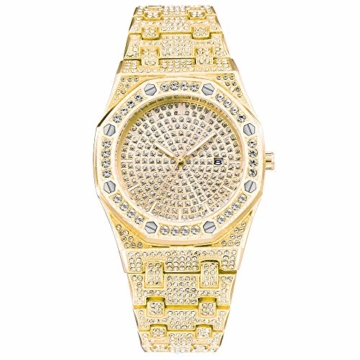 Herren/Damen Diamond Watch Bling Iced-Out Uhr Silber/Gold Mode Quarz Analoge Armbanduhr mit Edelstahlband - 1