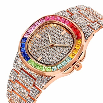 Hip Hop Uhr für Männer Luxusmarke Quarzuhr Edelstahl Bunte Strasssteine ​​Regenbogen Diamant Iced Out Bling Bling Weihnachtsgeburtstagsgeschenk - 2