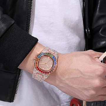 Hip Hop Uhr für Männer Luxusmarke Quarzuhr Edelstahl Bunte Strasssteine ​​Regenbogen Diamant Iced Out Bling Bling Weihnachtsgeburtstagsgeschenk - 3