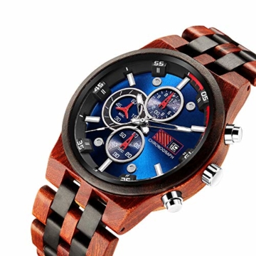 Holzuhr Herren, Multifunktions Chronograph Kalender Datum Countdown Leuchtende Handgefertigt Naturholz Gehäuse Analoge Quarz Armbanduhren für Männer Jungen Gross Elegante Leicht inkl. Box (Rot) - 6