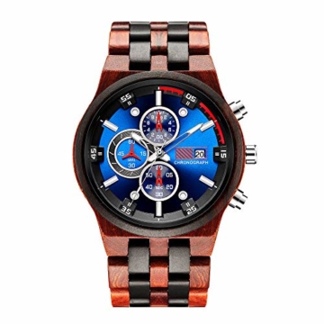 Holzuhr Herren, Multifunktions Chronograph Kalender Datum Countdown Leuchtende Handgefertigt Naturholz Gehäuse Analoge Quarz Armbanduhren für Männer Jungen Gross Elegante Leicht inkl. Box (Rot) - 8