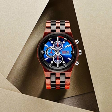 Holzuhr Herren, Multifunktions Chronograph Kalender Datum Countdown Leuchtende Handgefertigt Naturholz Gehäuse Analoge Quarz Armbanduhren für Männer Jungen Gross Elegante Leicht inkl. Box (Rot) - 9