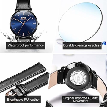 Kubagom Paar Uhren Analog Quarz Edelstahl Wasserdicht Leder Ultradünne Set für Sie und Ihn (2 Blau Oberfläche) - 3