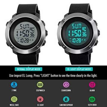 Digitaluhr für Herren, Outdoor-Sportuhr, wasserdicht, modische Uhr mit Wecker, Sekunden, leuchtendes Nachtlicht (Schwarz) - 6