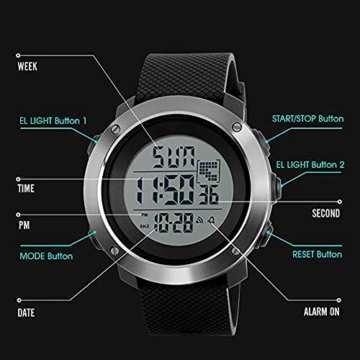 Digitaluhr für Herren, Outdoor-Sportuhr, wasserdicht, modische Uhr mit Wecker, Sekunden, leuchtendes Nachtlicht (Schwarz) - 8