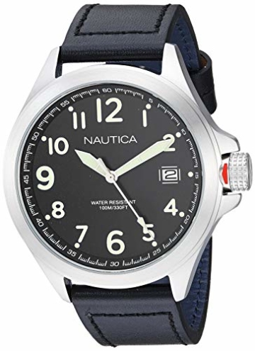 Nautica Glen Park Herren-Armbanduhr, Quarz, Edelstahl und Leder, legere Uhr, Farbe: Schwarz (Modell: NAPGLP001) - 1