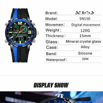 Digitaluhr Herren Sportuhren Mode Dual Display Herren wasserdichte Led Digitaluhr Mann Militäruhr 24cm Blau - 2