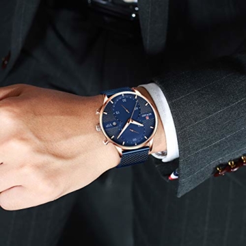 Herren-Quarzuhr, Edelstahl Slim Uhr, vielseitige wasserdichte Uhr mit Nachtlichtuhr und Kalender 45mm Blau - 2