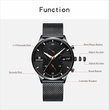 Herren-Quarzuhr, Edelstahl Slim Uhr, vielseitige wasserdichte Uhr mit Nachtlichtuhr und Kalender 45mm Schwarz - 5
