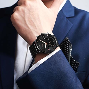 Herren-Quarzuhr, Edelstahl Slim Uhr, vielseitige wasserdichte Uhr mit Nachtlichtuhr und Kalender 45mm Schwarz - 6