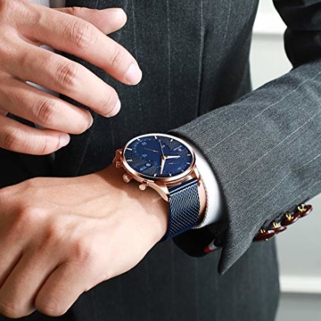 Herren-Quarzuhr, Edelstahl Slim Uhr, vielseitige wasserdichte Uhr mit Nachtlichtuhr und Kalender 45mm Blau - 3