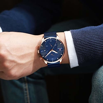Herren-Quarzuhr, Edelstahl Slim Uhr, vielseitige wasserdichte Uhr mit Nachtlichtuhr und Kalender 45mm Blau - 4