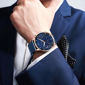 Herren-Quarzuhr, Edelstahl Slim Uhr, vielseitige wasserdichte Uhr mit Nachtlichtuhr und Kalender 45mm Blau - 6