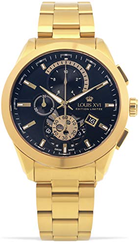 LOUIS XVI Herren-Armbanduhr Libérale Stahlband Gold Schwarz Chronograph Analog Quarz Edelstahl 984 - 1