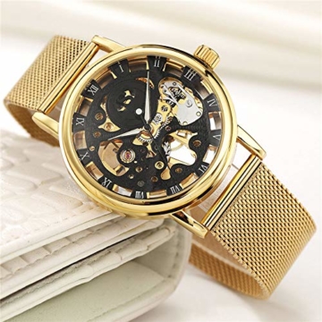 Mechanische Uhr Mode Edelstahl Mesh Armband Skelett Herrenuhr Top Marke Gold Sport Herrenuhr Geschenk, B. - 2