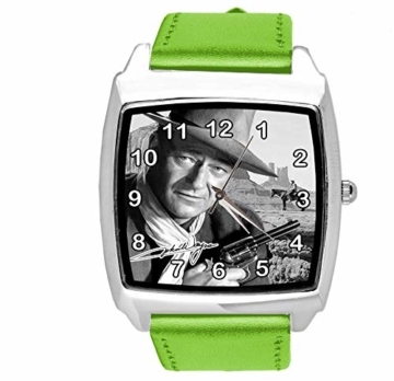 Quadratische Armbanduhr aus grünem Leder für John Wayne Fans - 1