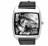 Quadratische Armbanduhr aus schwarzem Leder für Fans von John Wayne - 1