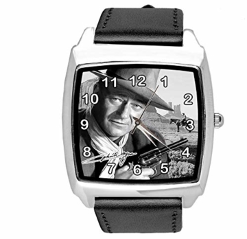 Quadratische Armbanduhr aus schwarzem Leder für Fans von John Wayne - 1