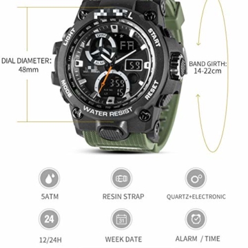 Sportuhr Herren Dual Time Miliatry Uhren Chrono Alarm Armbanduhr Classic Digitaluhr 22cm Khaki - 2