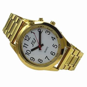 Sprechende Armbanduhr, analog, mit Alarm, Uhrzeit und Datum auf Französisch, für Blind- und Sehbehinderte, goldfarben, doppelte Verriegelung Armband aus Edelstahl TUF-G708 - 5