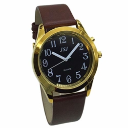 Sprechende Armbanduhr, analog, mit Alarm, Uhrzeit und Datum auf Französisch, für Blind- und Sehbehinderte, goldfarben, Armband aus Leder, braun, TUF-G806 - 1