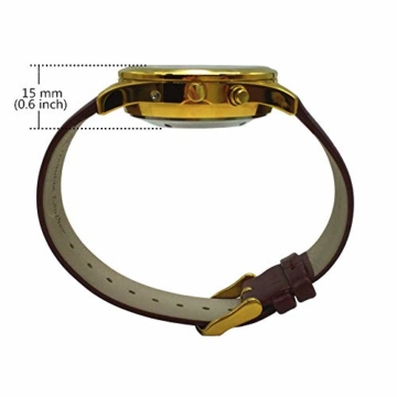 Sprechende Armbanduhr, analog, mit Alarm, Uhrzeit und Datum auf Französisch, für Blind- und Sehbehinderte, goldfarben, Armband aus Leder, braun, TUF-G806 - 5