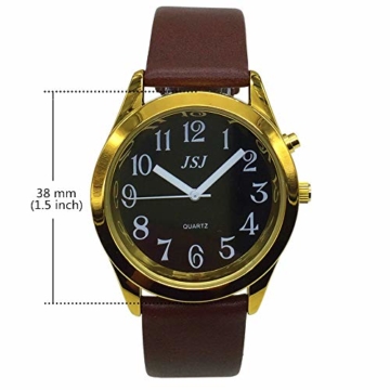 Sprechende Armbanduhr, analog, mit Alarm, Uhrzeit und Datum auf Französisch, für Blind- und Sehbehinderte, goldfarben, Armband aus Leder, braun, TUF-G806 - 6