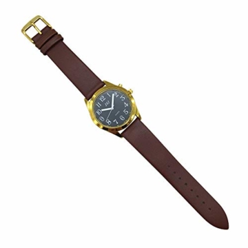 Sprechende Armbanduhr, analog, mit Alarm, Uhrzeit und Datum auf Französisch, für Blind- und Sehbehinderte, goldfarben, Armband aus Leder, braun, TUF-G806 - 8