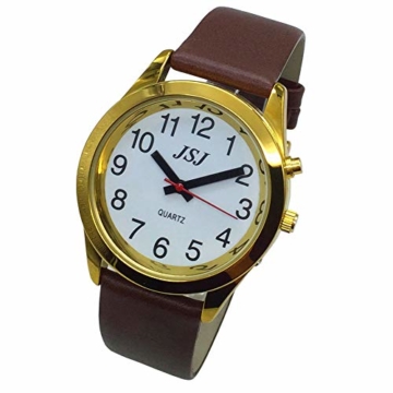Sprechende Armbanduhr, analog, mit Alarm, Uhrzeit und Datum auf Französisch, für Blind- und Sehbehinderte, goldfarben, Armband aus Leder, braun, TUF-G706 - 4
