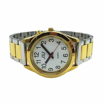 Sprechende Armbanduhr, analog, mit Alarm, Uhrzeit und Datum auf Französisch, für Blind- und Sehbehinderte, goldfarben, zweifarbiges Armband aus Edelstahl TUF-G705 - 6