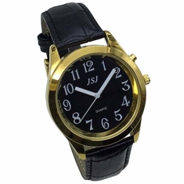 Sprechende Armbanduhr, analog, mit Alarm, Uhrzeit und Datum auf Französisch, für Blind- und Sehbehinderte, goldfarben, Armband aus schwarzem Leder TUF-G807 - 1