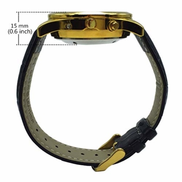 Sprechende Armbanduhr, analog, mit Alarm, Uhrzeit und Datum auf Französisch, für Blind- und Sehbehinderte, goldfarben, Armband aus schwarzem Leder TUF-G807 - 4