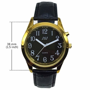 Sprechende Armbanduhr, analog, mit Alarm, Uhrzeit und Datum auf Französisch, für Blind- und Sehbehinderte, goldfarben, Armband aus schwarzem Leder TUF-G807 - 5
