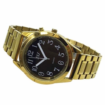 Sprechende Armbanduhr, analog, mit Alarm, Uhrzeit und Datum auf Französisch, für Blind- und Sehbehinderte, goldfarben, doppelte Verriegelung Armband aus Edelstahl TUF-G808 - 5