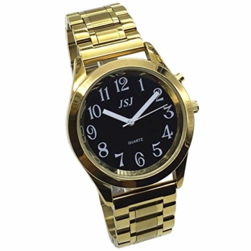 Sprechende Armbanduhr, analog, mit Alarm, Uhrzeit und Datum auf Französisch, für Blind- und Sehbehinderte, goldfarben, doppelte Verriegelung Armband aus Edelstahl TUF-G808 - 9