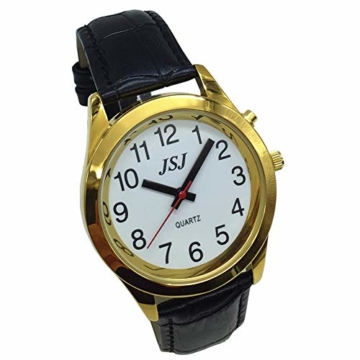 Sprechende Armbanduhr, analog, mit Alarm, Uhrzeit und Datum auf Französisch, für Blind- und Sehbehinderte, goldfarben, Armband aus schwarzem Leder, TUF-G707 - 1