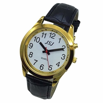Sprechende Armbanduhr, analog, mit Alarm, Uhrzeit und Datum auf Französisch, für Blind- und Sehbehinderte, goldfarben, Armband aus schwarzem Leder, TUF-G707 - 3