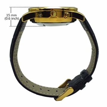 Sprechende Armbanduhr, analog, mit Alarm, Uhrzeit und Datum auf Französisch, für Blind- und Sehbehinderte, goldfarben, Armband aus schwarzem Leder, TUF-G707 - 4