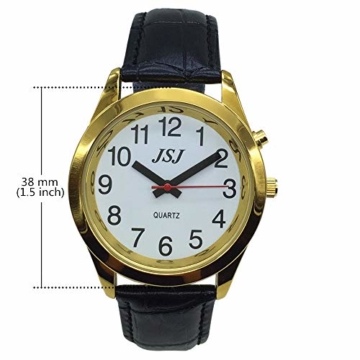 Sprechende Armbanduhr, analog, mit Alarm, Uhrzeit und Datum auf Französisch, für Blind- und Sehbehinderte, goldfarben, Armband aus schwarzem Leder, TUF-G707 - 5