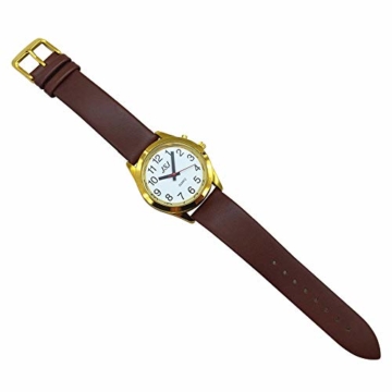 Sprechende Armbanduhr, analog, mit Alarm, Uhrzeit und Datum auf Französisch, für Blind- und Sehbehinderte, goldfarben, Armband aus Leder, braun, TUF-G706 - 7