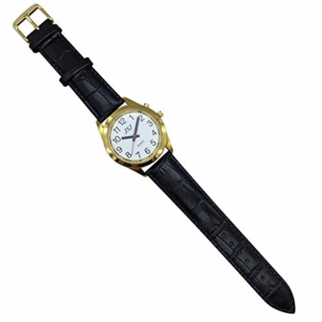 Sprechende Armbanduhr, analog, mit Alarm, Uhrzeit und Datum auf Französisch, für Blind- und Sehbehinderte, goldfarben, Armband aus schwarzem Leder, TUF-G707 - 7