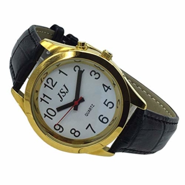 Sprechende Armbanduhr, analog, mit Alarm, Uhrzeit und Datum auf Französisch, für Blind- und Sehbehinderte, goldfarben, Armband aus schwarzem Leder, TUF-G707 - 8