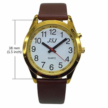 Sprechende Armbanduhr, analog, mit Alarm, Uhrzeit und Datum auf Französisch, für Blind- und Sehbehinderte, goldfarben, Armband aus Leder, braun, TUF-G706 - 8