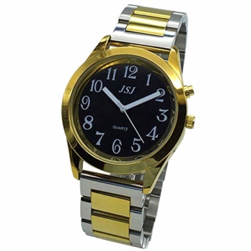 Sprechende Armbanduhr, analog, mit Alarm, Uhrzeit und Datum auf Französisch, für Blind- und Sehbehinderte, goldfarben, zweifarbiges Armband aus Edelstahl TUF-G805 - 8