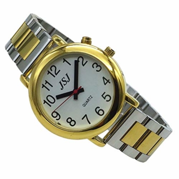 Sprechende Armbanduhr, analog, mit Alarm, Uhrzeit und Datum auf Französisch, für Blind- und Sehbehinderte, goldfarben, zweifarbiges Armband aus Edelstahl TUF-G505 - 9