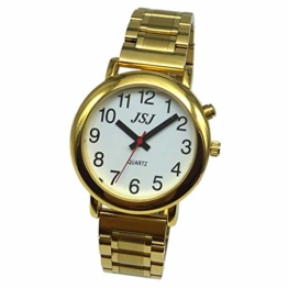 Sprechende Armbanduhr, analog, mit Alarm, Uhrzeit und Datum auf Französisch, für Blind- und Sehbehinderte, goldfarben, doppelte Verriegelung Armband aus Edelstahl TUF-G508 - 1