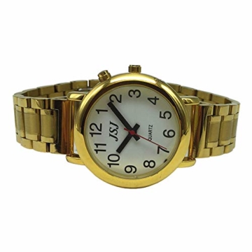Sprechende Armbanduhr, analog, mit Alarm, Uhrzeit und Datum auf Französisch, für Blind- und Sehbehinderte, goldfarben, doppelte Verriegelung Armband aus Edelstahl TUF-G508 - 4
