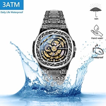 Herrenuhren, Persönlichkeit geschnitztes Armband - wasserdichte Steampunk Automatik Mechanisch Leuchtend Herren Armbanduhr für Herren Business Herren Multifunktional （Gold） - 2