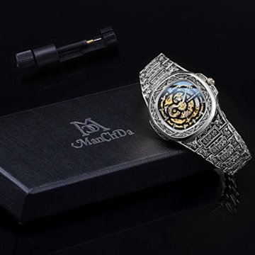 Herrenuhren, Persönlichkeit geschnitztes Armband - wasserdichte Steampunk Automatik Mechanisch Leuchtend Herren Armbanduhr für Herren Business Herren Multifunktional （Gold） - 6