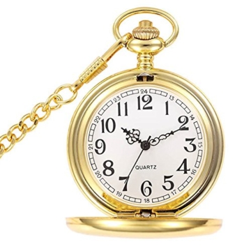 BestFire Vintage Glatte Quarz-Taschenuhr mit kurzer Kette für Männer Frauen -Geschenk zum Geburtstags-Jahrestag Weihnachts-Vater-Tag (Gold) - 1